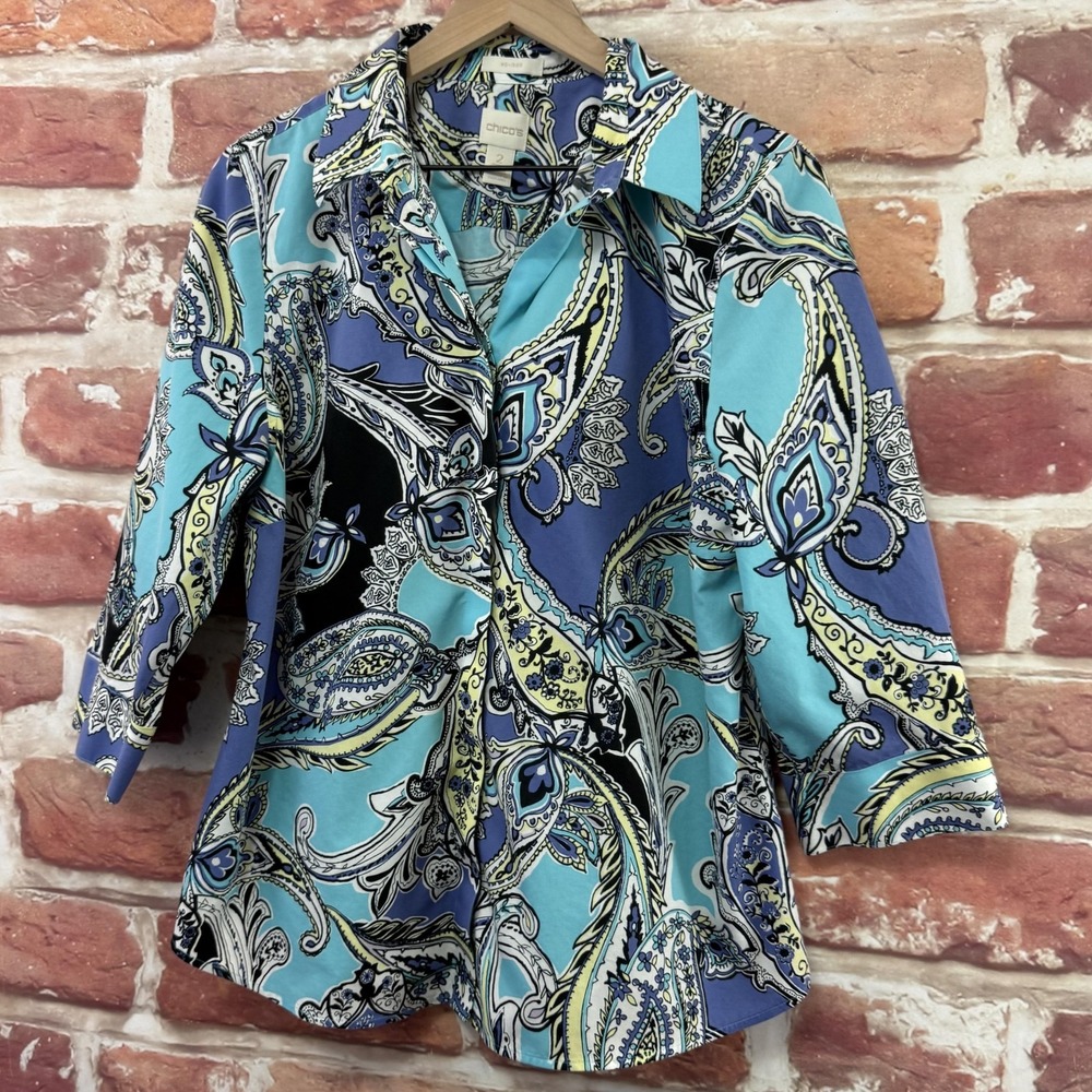 Chicos Shirt Women's Large Blue Multicolor Boho Floral No Iron Casual Career Top - Picture 3 of 8
